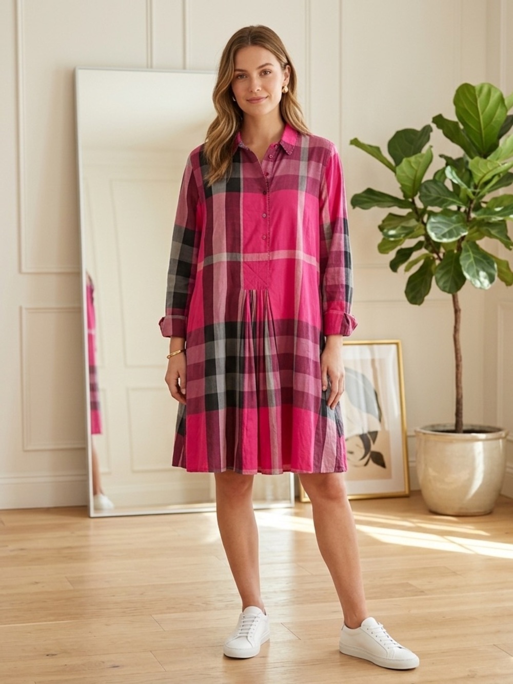 Péro‎ cotton & silk Pink Plaid Long-Sleeve Shirt Dress size 44 12 XL